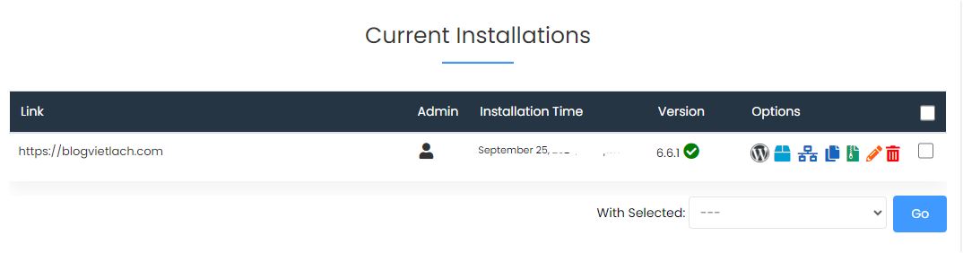 Khi đã cài đặt wordpress thành công trong cPanel, giao diện hiển thị như sau